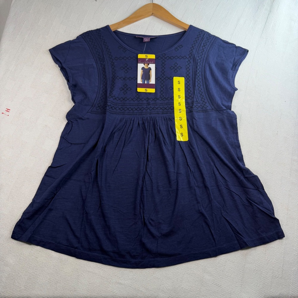 Gloria Vanderbilt Navy Blue Embroidered Babydoll Top Short Sleeve Small NEW